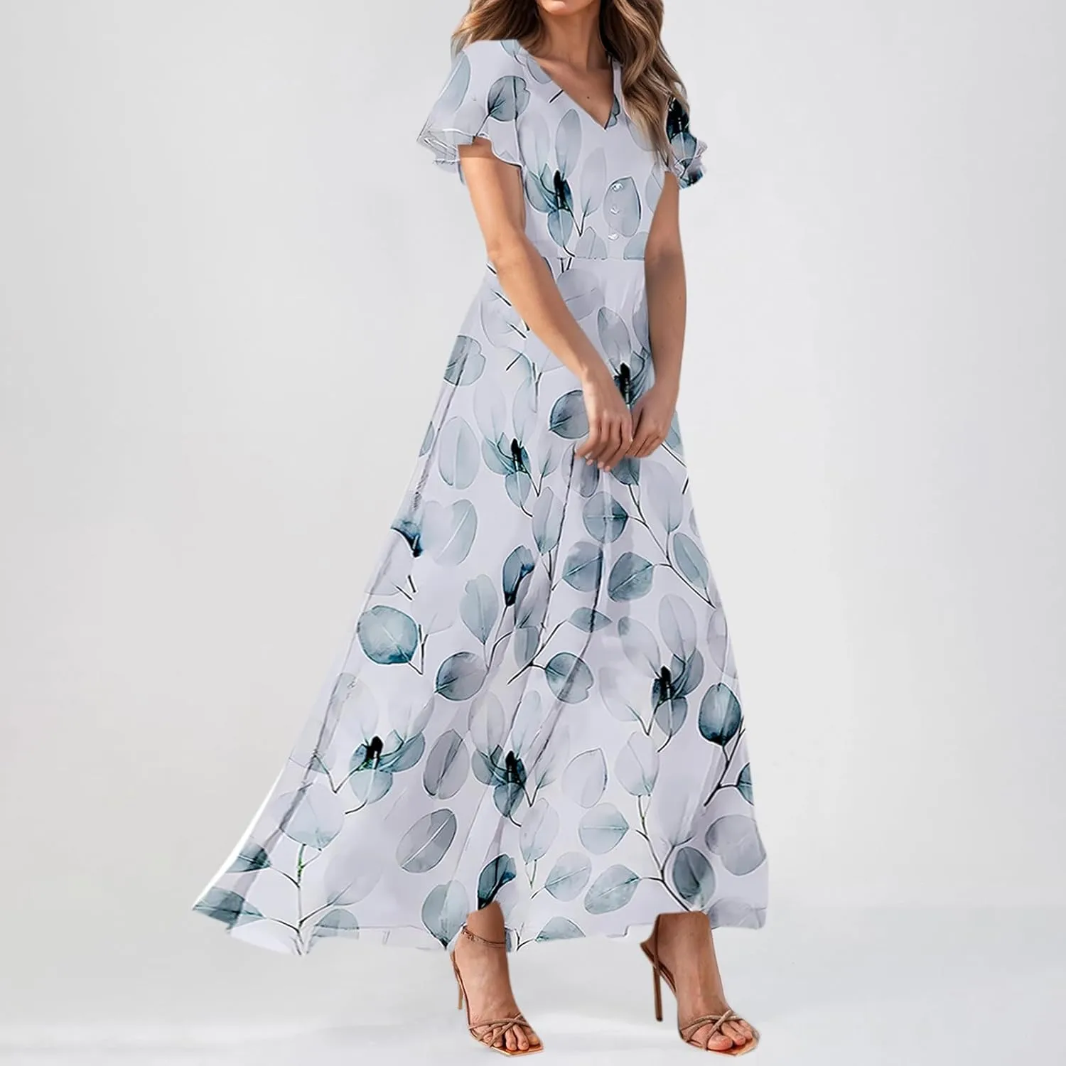 FlekmanArt Maxi Dresses for Women 2025 Swing Flowy Ruffle Hem Swing Dresses Chiffon Comfy Summer Maxi Dress