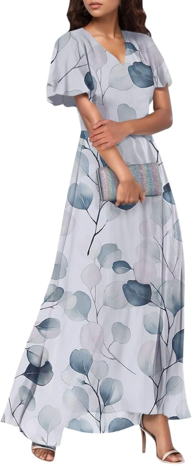 FlekmanArt Maxi Dresses for Women 2025 Swing Flowy Ruffle Hem Swing Dresses Chiffon Comfy Summer Maxi Dress