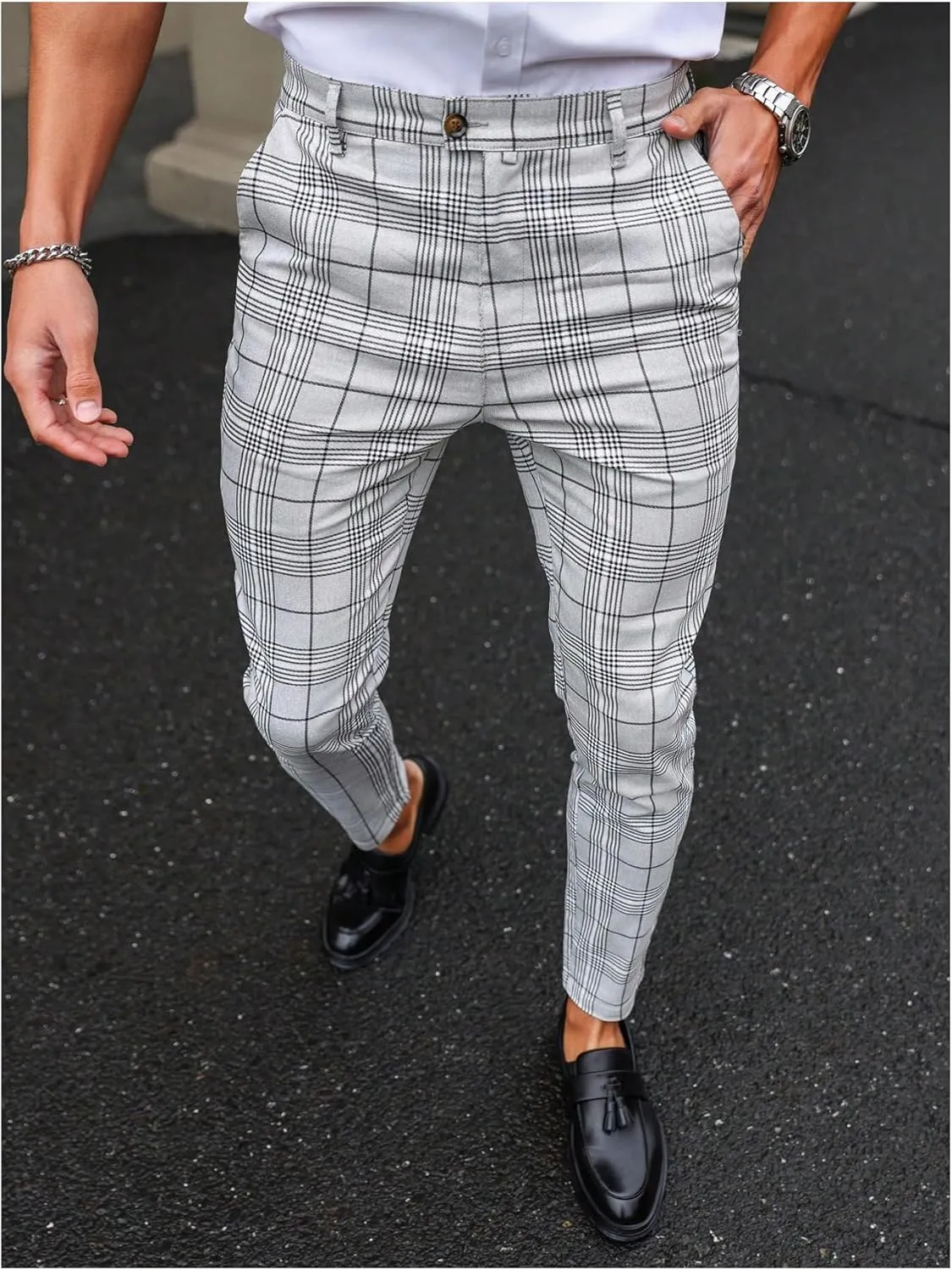 Floerns Men's Plaid Dress Pants Flat Front Casual Business Suit Trousers