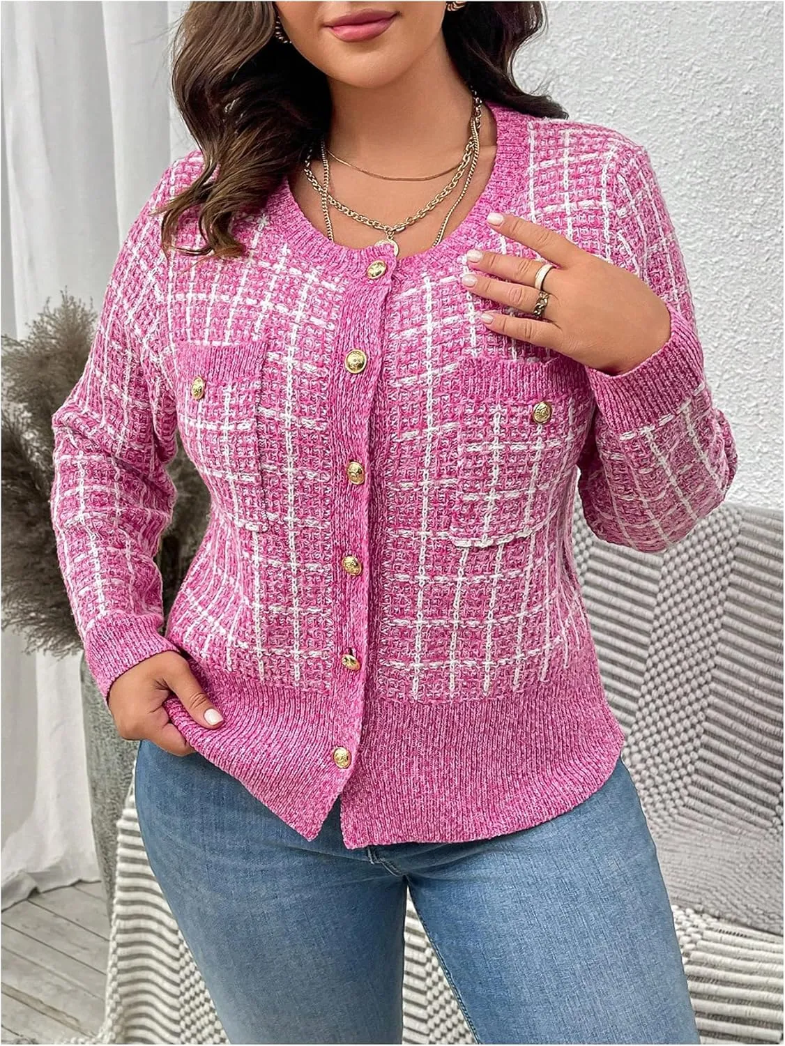 Floerns Women's Plus Size Tweed Long Sleeve Button Front Work Casual Cardigan Sweater
