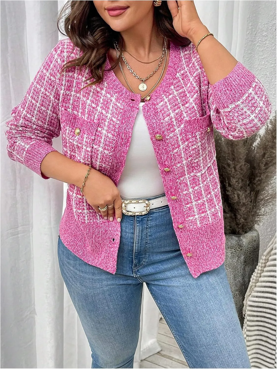 Floerns Women's Plus Size Tweed Long Sleeve Button Front Work Casual Cardigan Sweater