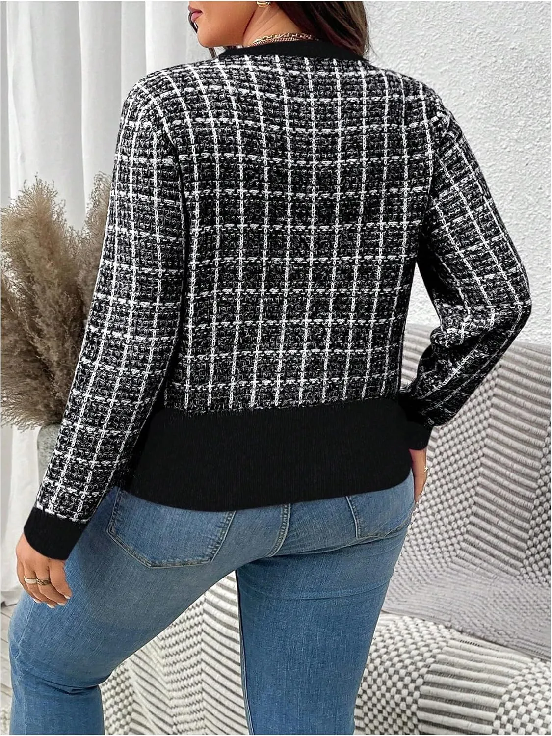 Floerns Women's Plus Size Tweed Long Sleeve Button Front Work Casual Cardigan Sweater