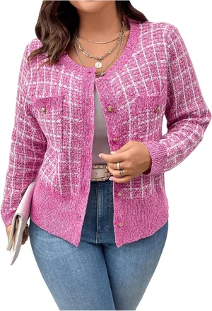 Floerns Women's Plus Size Tweed Long Sleeve Button Front Work Casual Cardigan Sweater