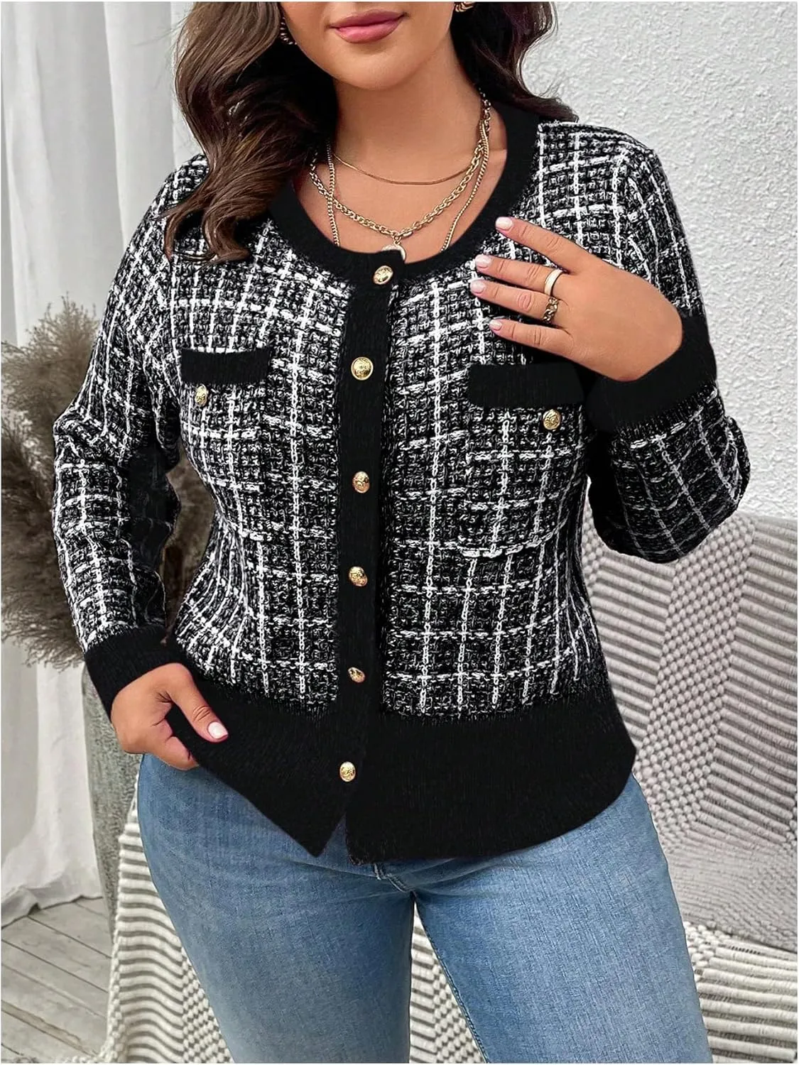 Floerns Women's Plus Size Tweed Long Sleeve Button Front Work Casual Cardigan Sweater