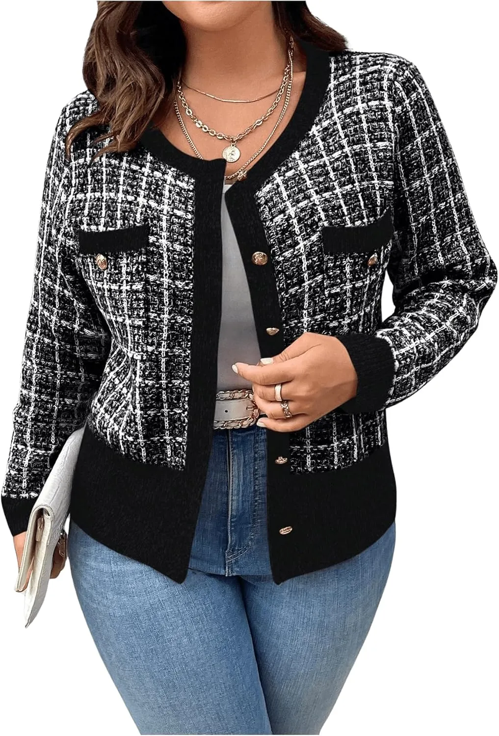 Floerns Women's Plus Size Tweed Long Sleeve Button Front Work Casual Cardigan Sweater