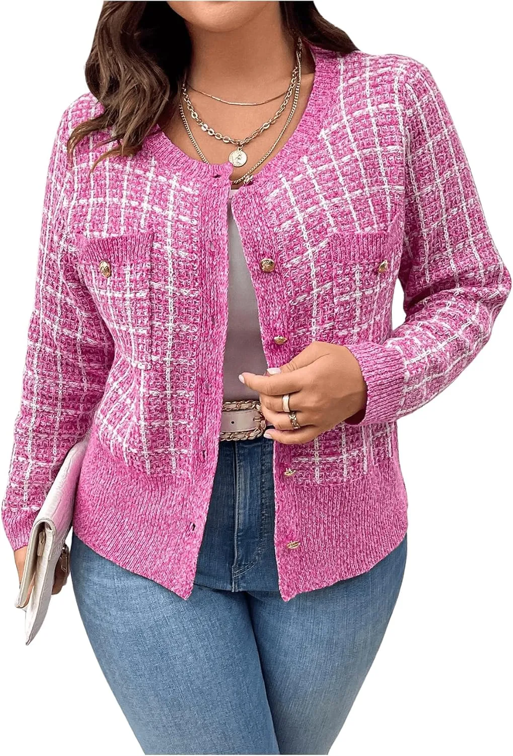 Floerns Women's Plus Size Tweed Long Sleeve Button Front Work Casual Cardigan Sweater