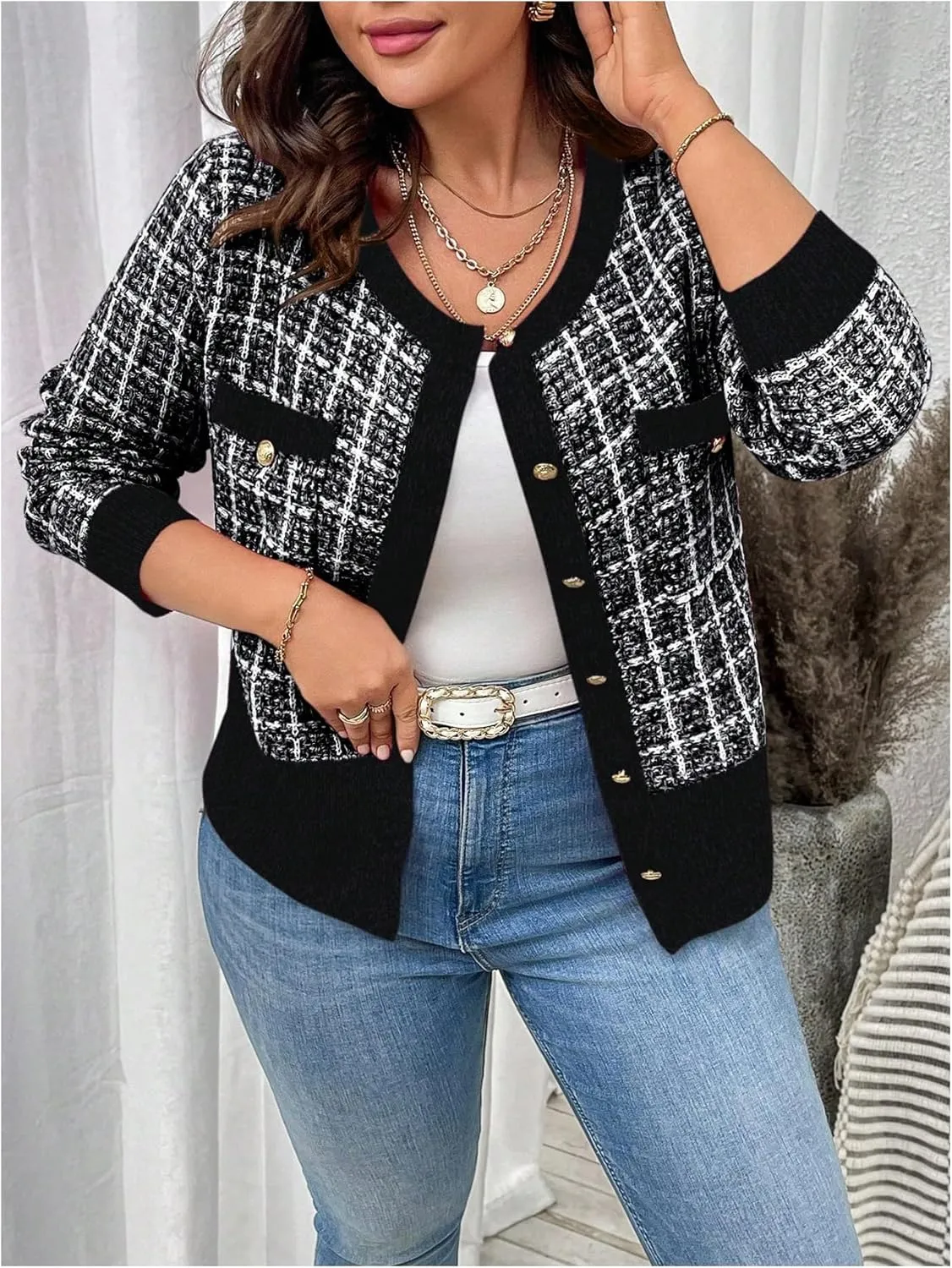 Floerns Women's Plus Size Tweed Long Sleeve Button Front Work Casual Cardigan Sweater