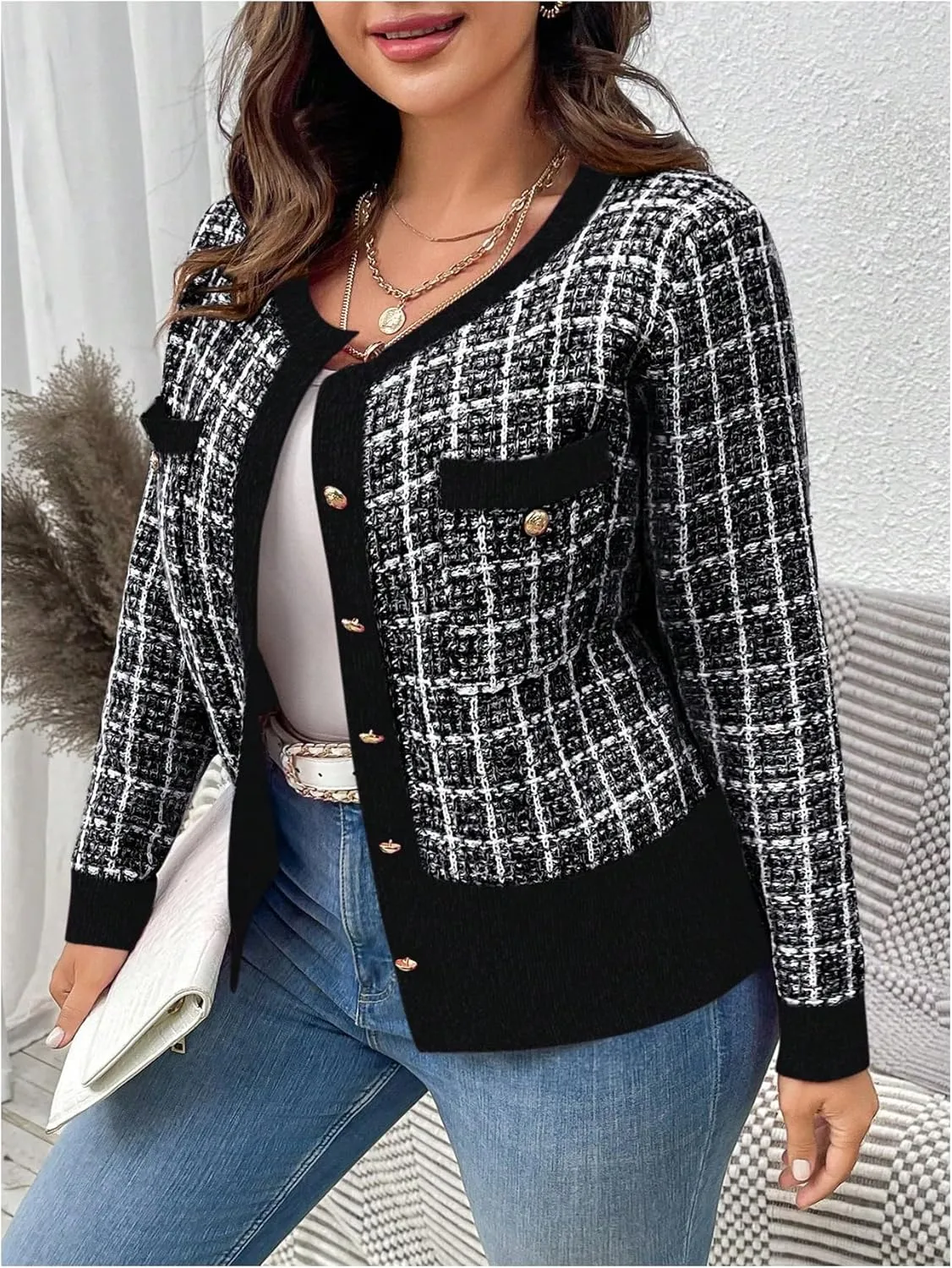 Floerns Women's Plus Size Tweed Long Sleeve Button Front Work Casual Cardigan Sweater