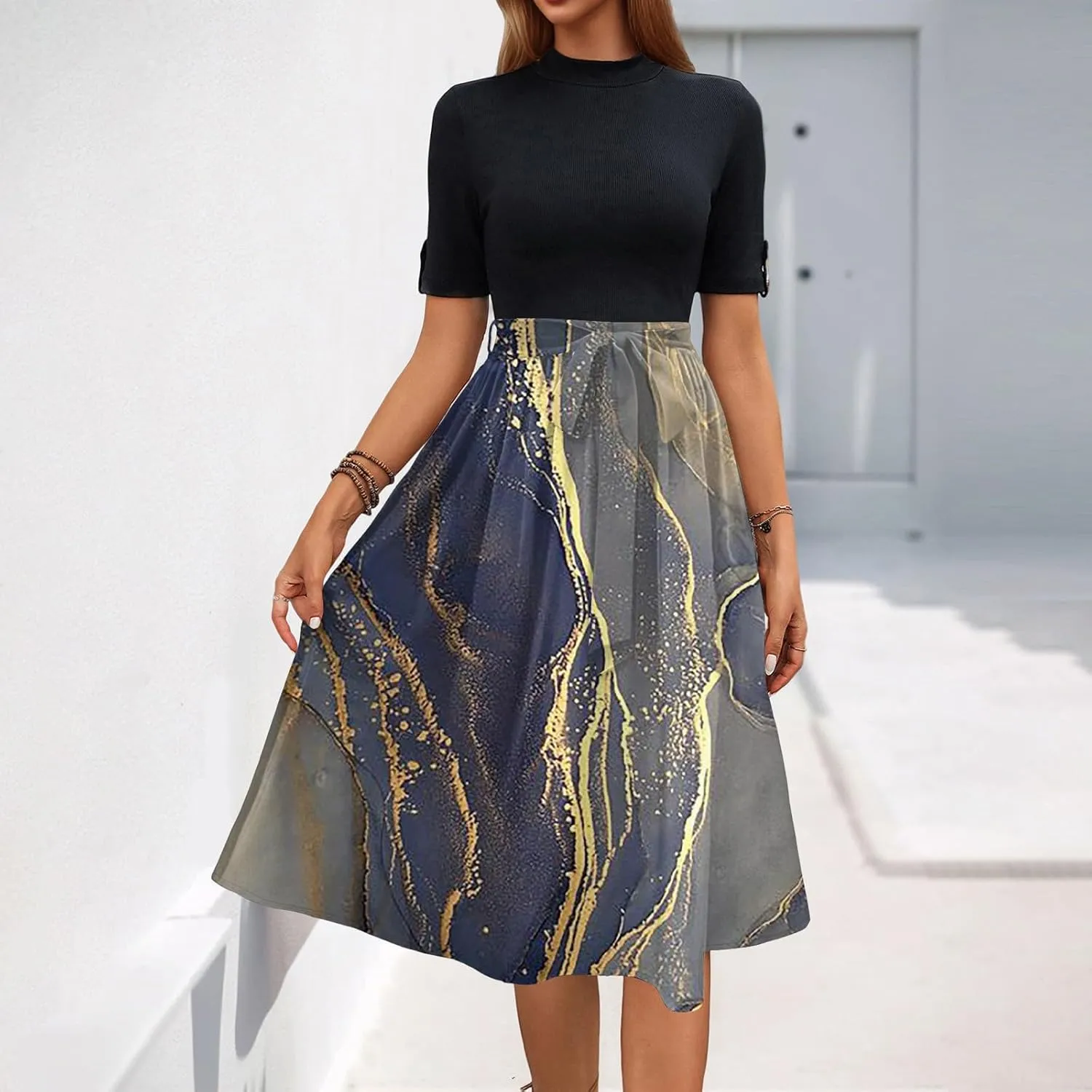 Floral Dresses Flowy Short Sleeve Empire Waist Summer Crewneck Midi Length Fashion Belted Sundresses for Women