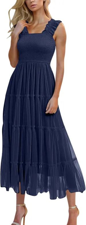 Flowy Dresses for Women Trendy Summer Midi Beach Dress Sleeveless Smocked Square Neck Party Wedding Guest Sundress