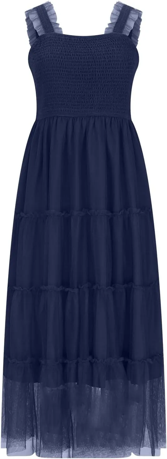 Flowy Dresses for Women Trendy Summer Midi Beach Dress Sleeveless Smocked Square Neck Party Wedding Guest Sundress