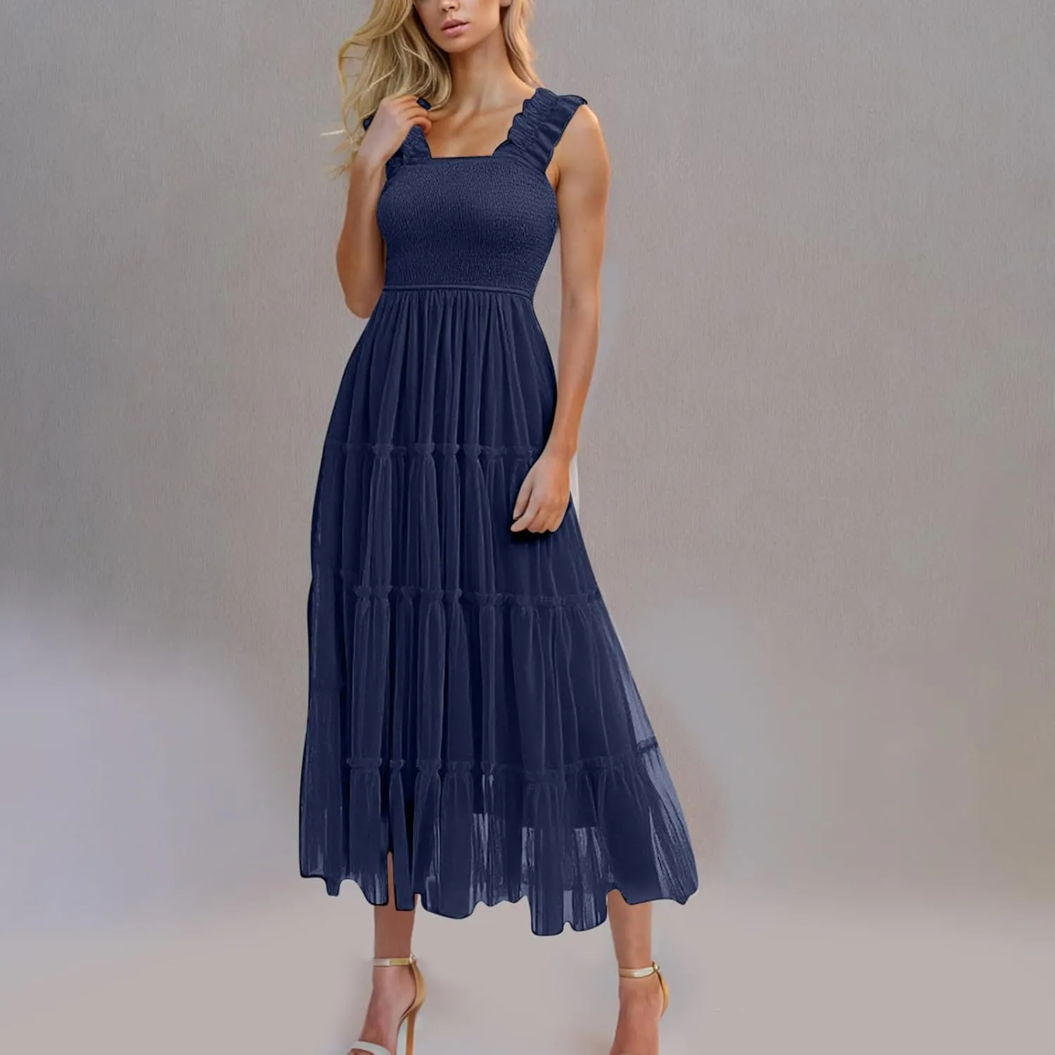 Flowy Dresses for Women Trendy Summer Midi Beach Dress Sleeveless Smocked Square Neck Party Wedding Guest Sundress