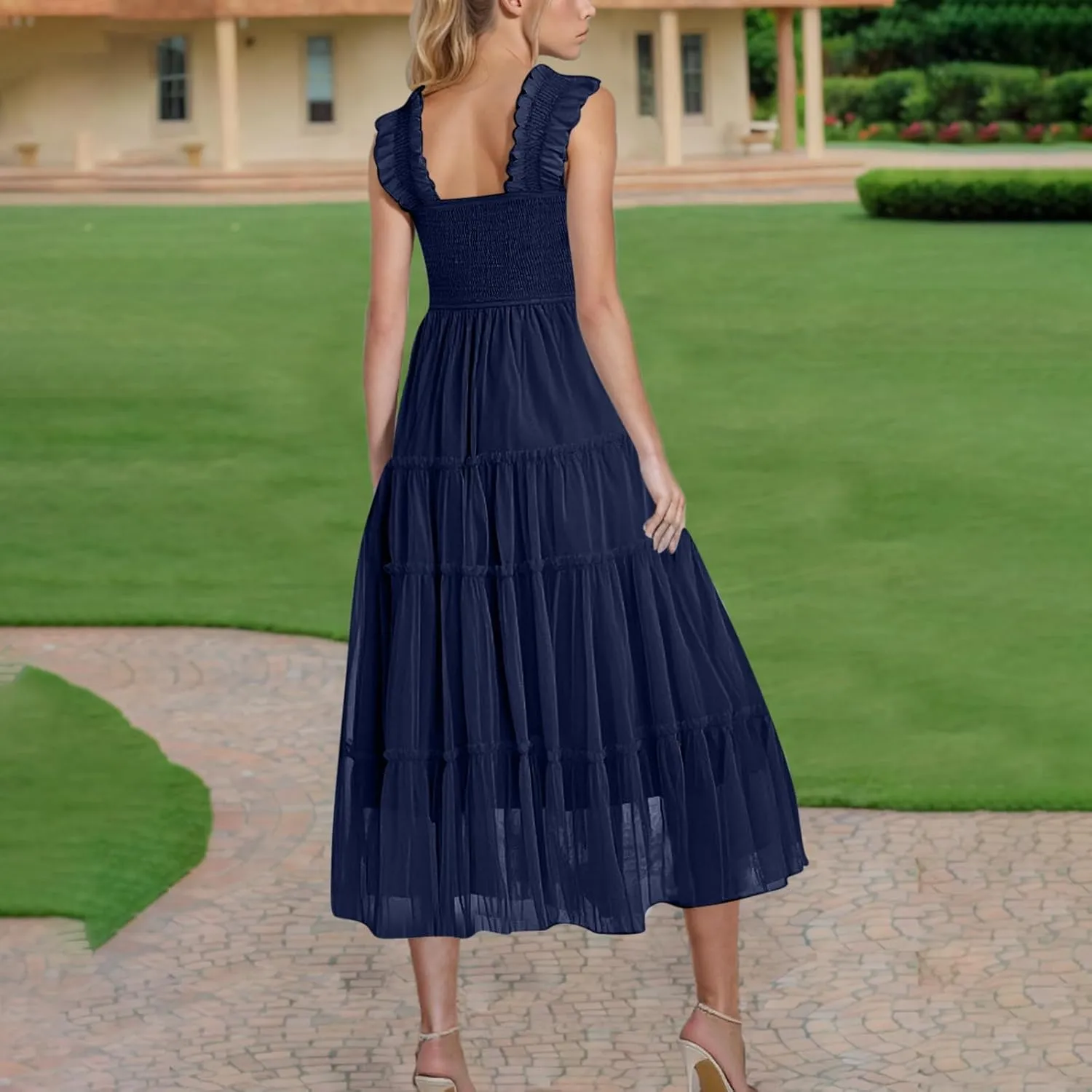 Flowy Dresses for Women Trendy Summer Midi Beach Dress Sleeveless Smocked Square Neck Party Wedding Guest Sundress