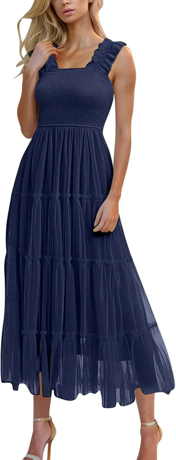 Flowy Dresses for Women Trendy Summer Midi Beach Dress Sleeveless Smocked Square Neck Party Wedding Guest Sundress
