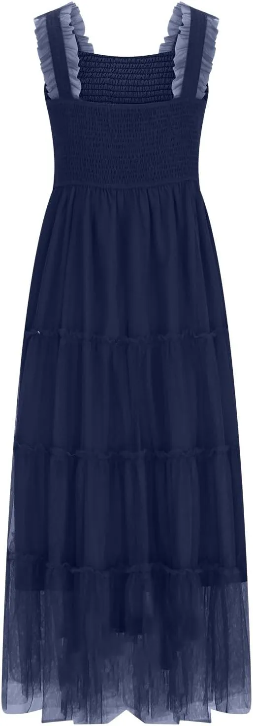 Flowy Dresses for Women Trendy Summer Midi Beach Dress Sleeveless Smocked Square Neck Party Wedding Guest Sundress