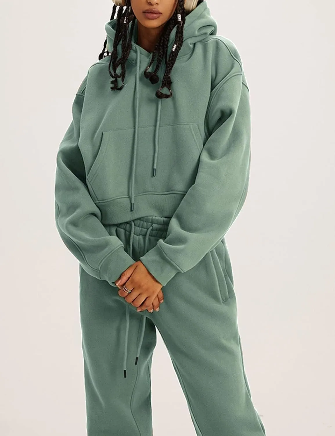 Flygo Womens Fleece 2 Piece Outfits Sweatsuit Crop Pullover Sweatshirt Joggers Pants Tracksuit Set