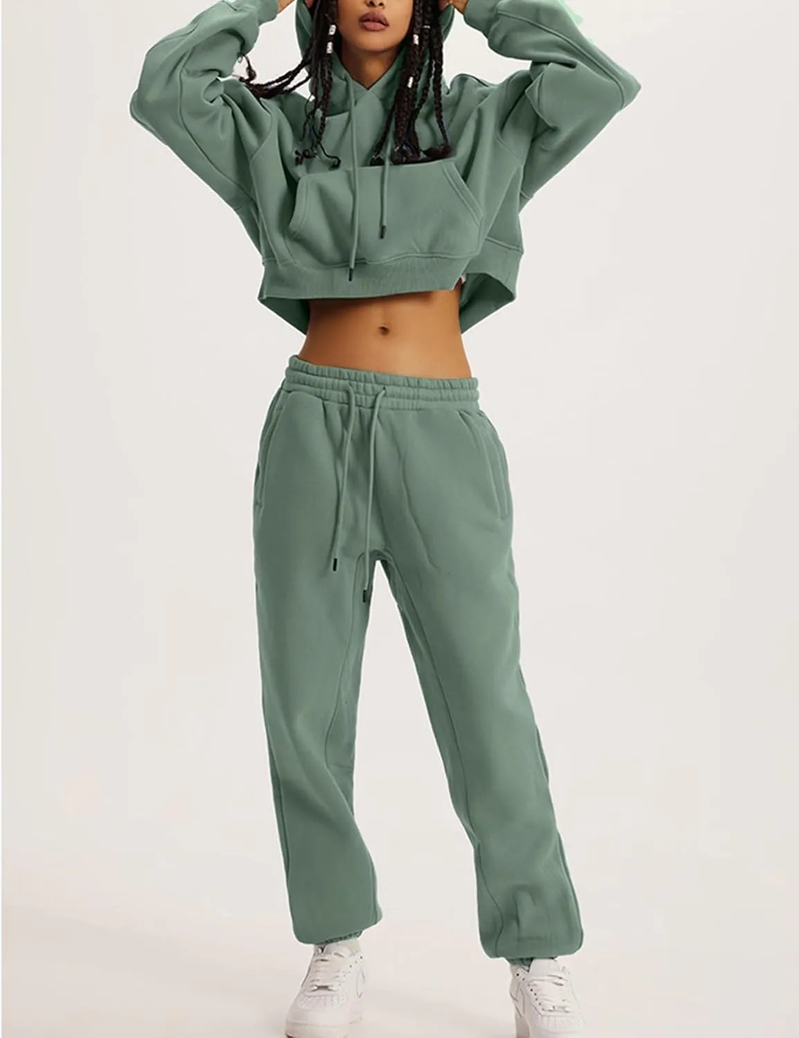 Flygo Womens Fleece 2 Piece Outfits Sweatsuit Crop Pullover Sweatshirt Joggers Pants Tracksuit Set