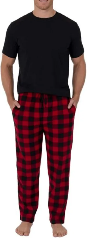 Fruit of the Loom Men's Fleece Sleep Pant and Knit Top Sleep Set (X-Large, Red Buffalo)