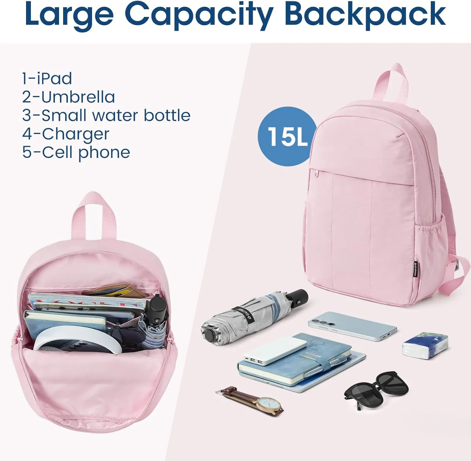 G4Free Mini Backpack for Women Water-resistant Hiking Backpack with Adjustable Shoulder Straps for Travel Shop Work Casual(PINK)