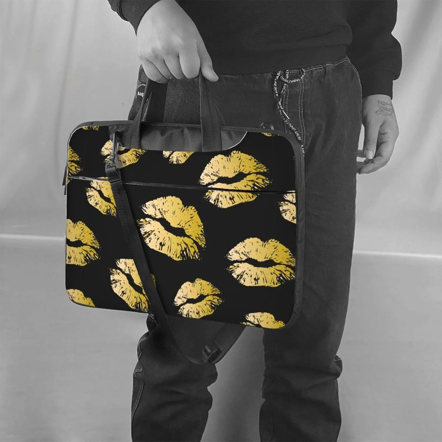 Gold Lips Print Work Casual Office Laptop Shoulder Messenger Bag 13 inch 14 inch 15.6 inch
