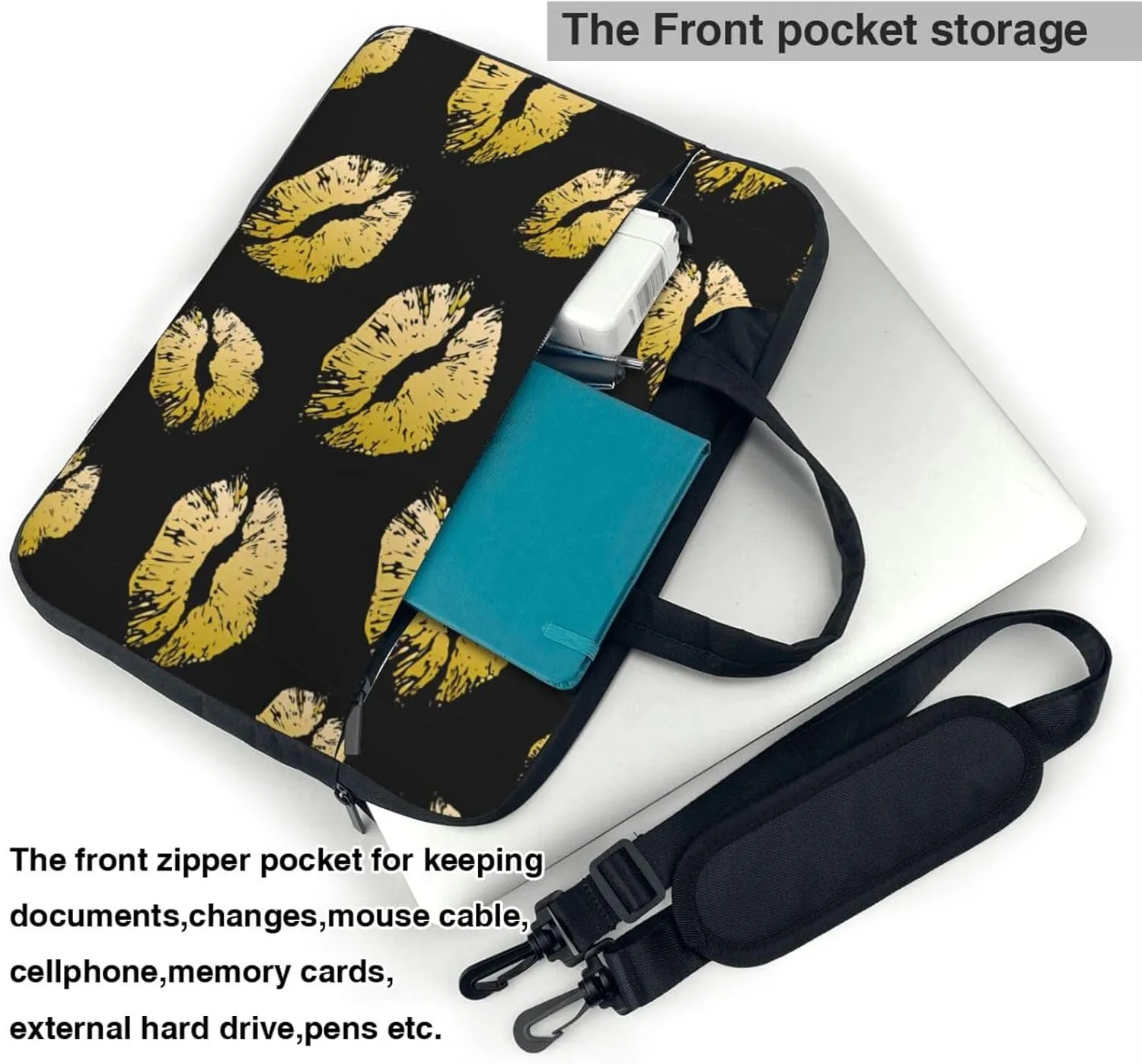 Gold Lips Print Work Casual Office Laptop Shoulder Messenger Bag 13 inch 14 inch 15.6 inch