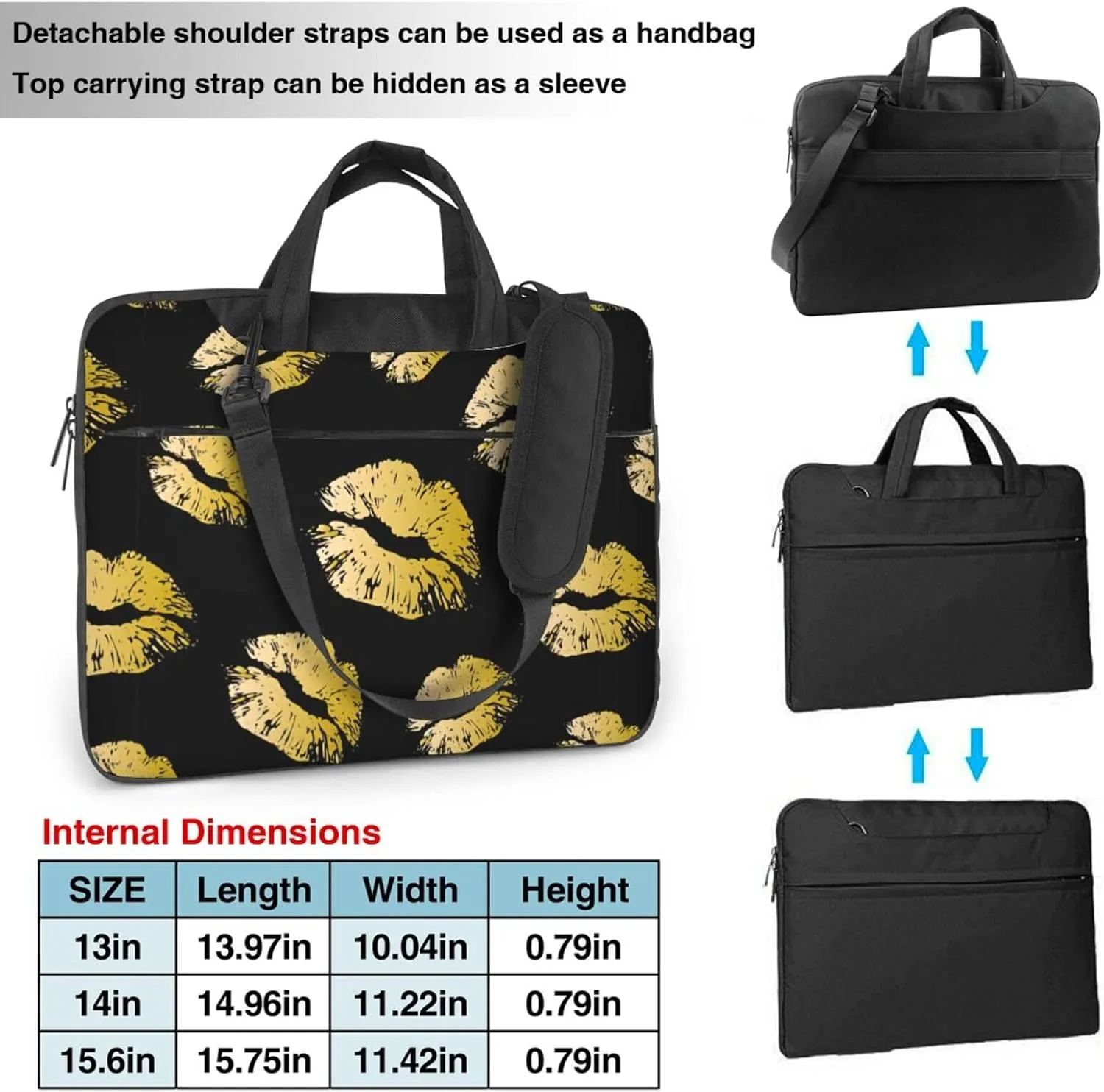 Gold Lips Print Work Casual Office Laptop Shoulder Messenger Bag 13 inch 14 inch 15.6 inch
