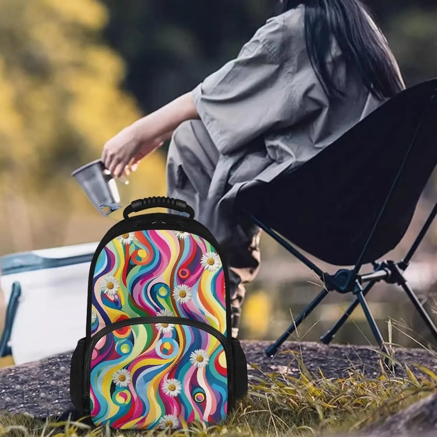 Gomyblomy Large Lunch Backpack for Women, Daisy Print 17 inch Travel Laptop Backpack with Cooler Compartment, Insulated Lunch Backpack for Work Casual Daypack