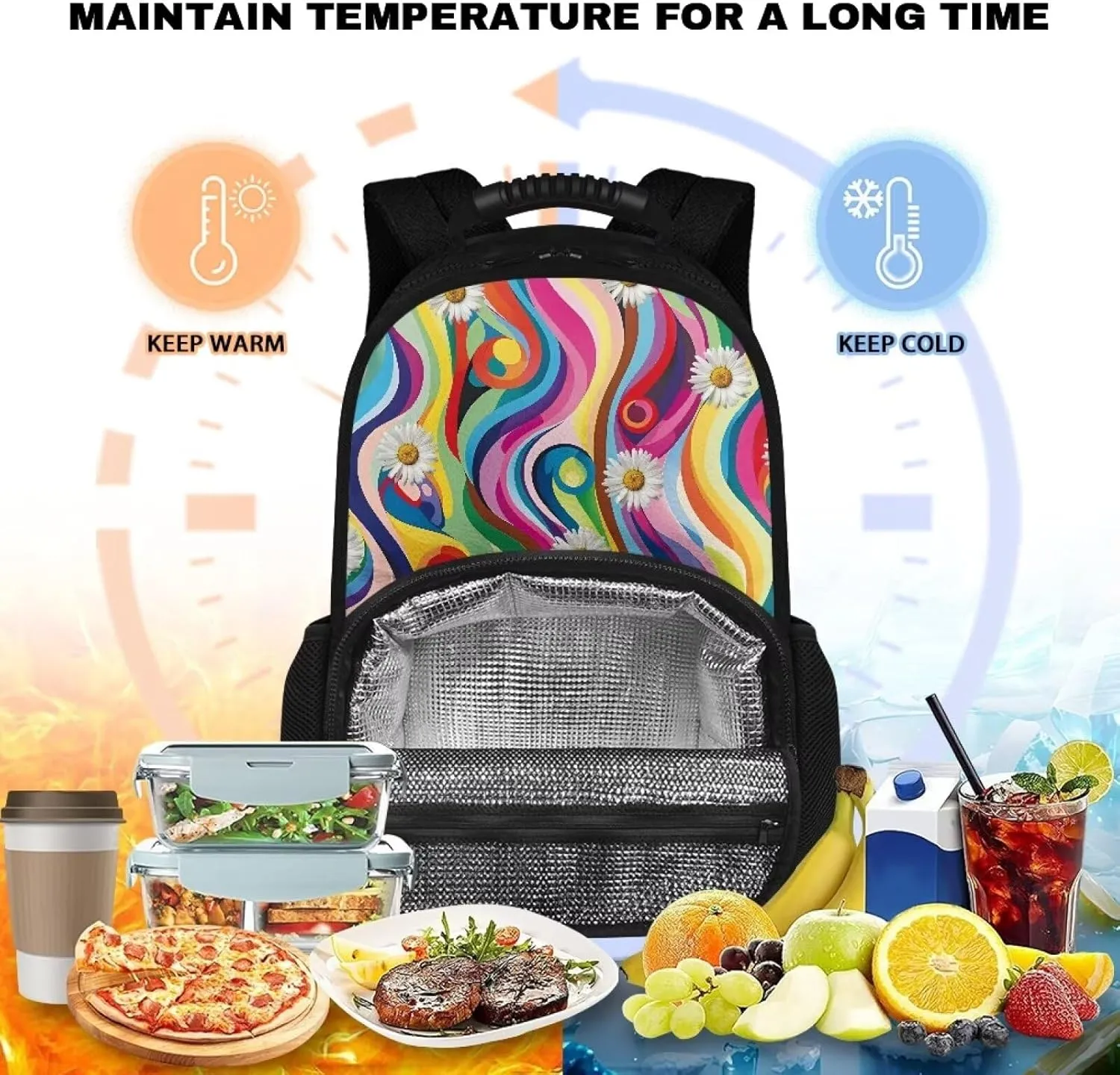 Gomyblomy Large Lunch Backpack for Women, Daisy Print 17 inch Travel Laptop Backpack with Cooler Compartment, Insulated Lunch Backpack for Work Casual Daypack