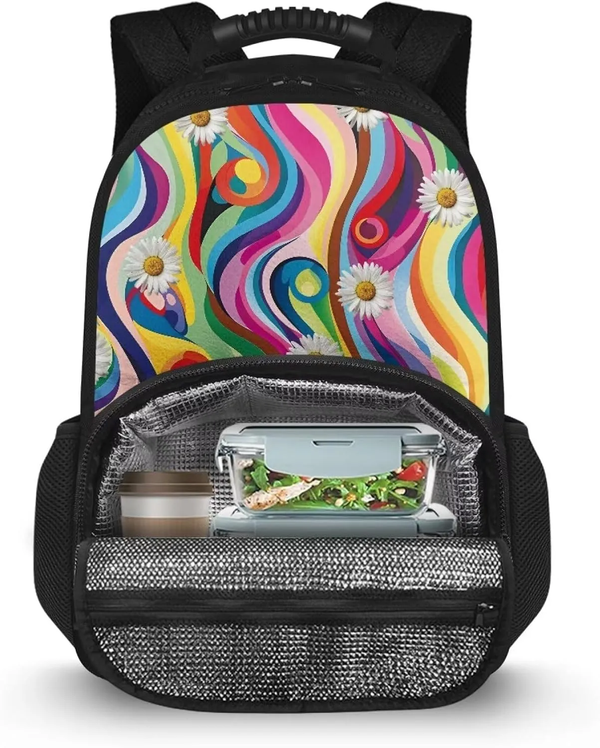 Gomyblomy Large Lunch Backpack for Women, Daisy Print 17 inch Travel Laptop Backpack with Cooler Compartment, Insulated Lunch Backpack for Work Casual Daypack