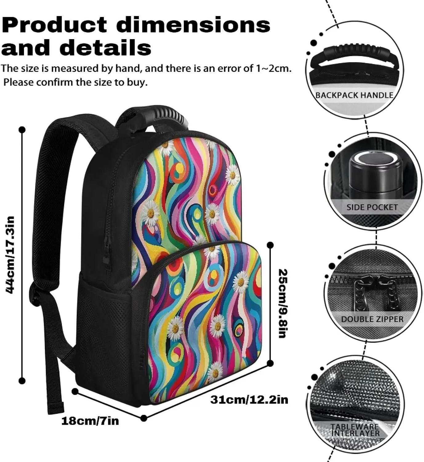 Gomyblomy Large Lunch Backpack for Women, Daisy Print 17 inch Travel Laptop Backpack with Cooler Compartment, Insulated Lunch Backpack for Work Casual Daypack