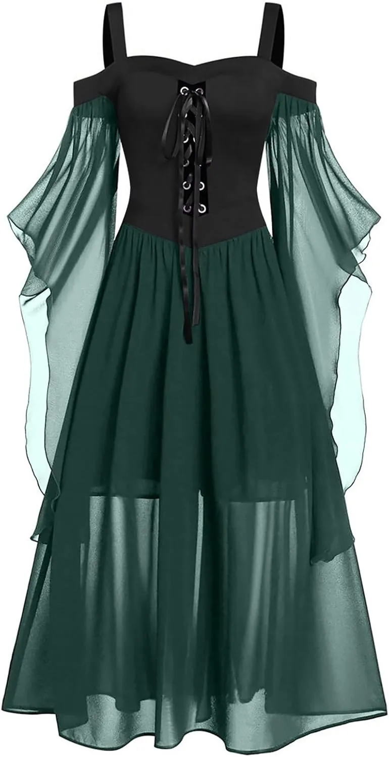 Gothic Clothes for Women Sexy Cold Shoulder Dresses Flowy Midi Dress Goth Corset Dresses Plus Size Steampunk Costumes