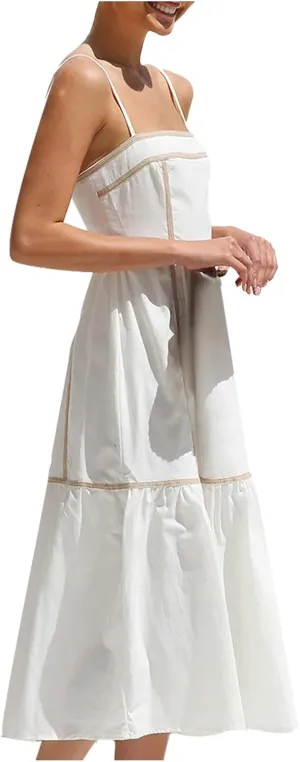 HGps8w 2025 Women's Summer Square Neck Spaghetti Strap Dress Casual Sleeveless Boho Sundress A Line Tiered Beach Maxi Dresses