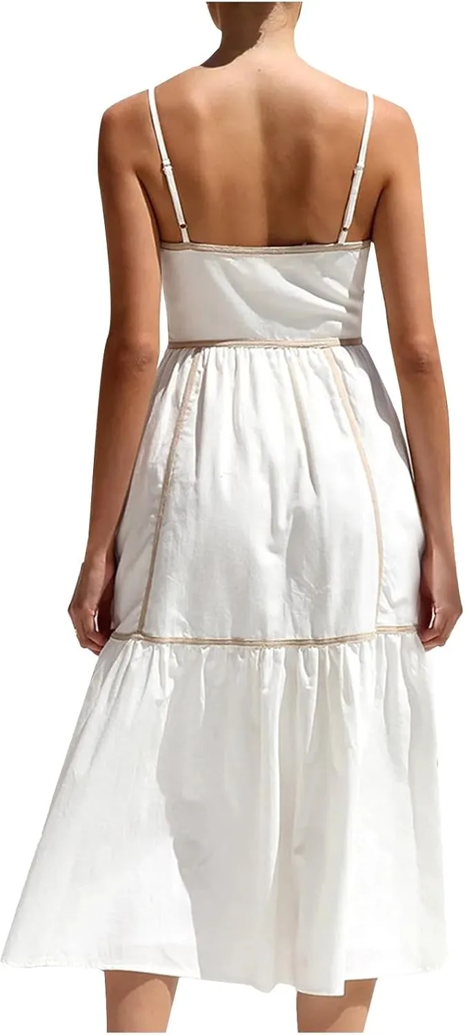 HGps8w 2025 Women's Summer Square Neck Spaghetti Strap Dress Casual Sleeveless Boho Sundress A Line Tiered Beach Maxi Dresses