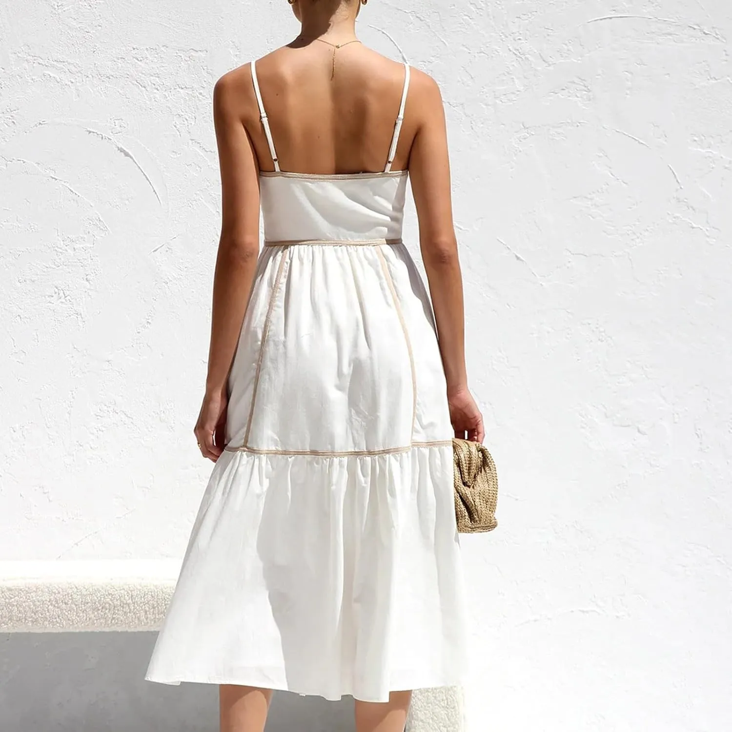 HGps8w 2025 Women's Summer Square Neck Spaghetti Strap Dress Casual Sleeveless Boho Sundress A Line Tiered Beach Maxi Dresses