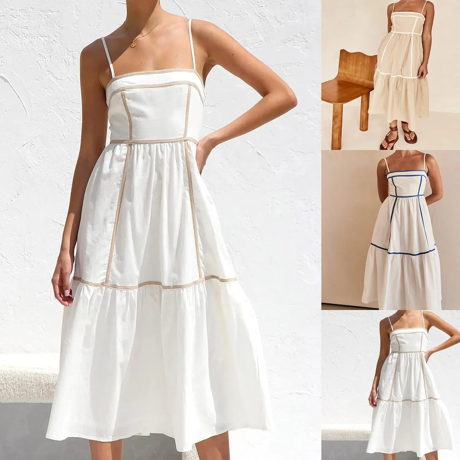 HGps8w 2025 Women's Summer Square Neck Spaghetti Strap Dress Casual Sleeveless Boho Sundress A Line Tiered Beach Maxi Dresses