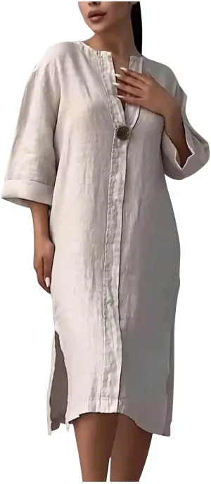 HGps8w Plus Size Cotton Linen Dress for Women 2025 Summer Loose V Neck Vintage 3/4 Sleeve Lightweight Casual Solid Midi Dress