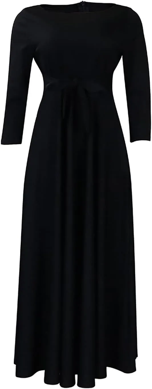 HGps8w Plus Size Women Elegant Belted High Waist Midi Dresses - Formal Solid Long Sleeve Wedding Guests Dress with Pockets