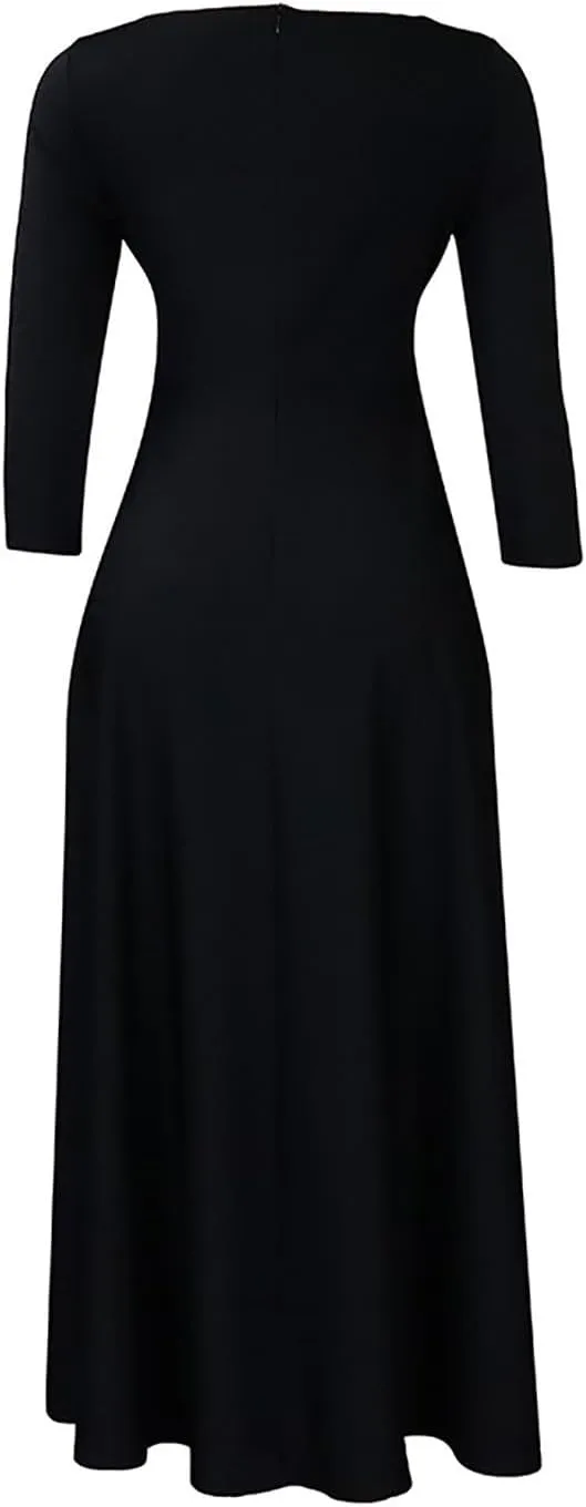 HGps8w Plus Size Women Elegant Belted High Waist Midi Dresses - Formal Solid Long Sleeve Wedding Guests Dress with Pockets