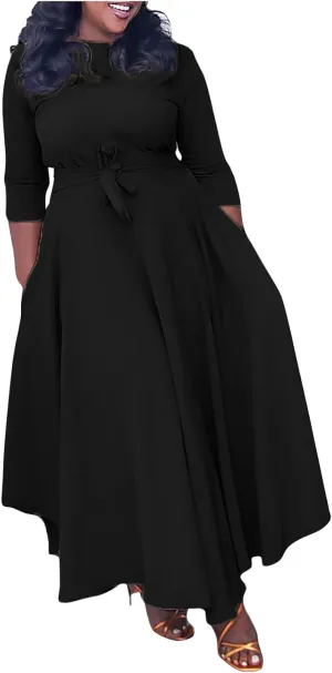 HGps8w Plus Size Women Elegant Belted High Waist Midi Dresses - Formal Solid Long Sleeve Wedding Guests Dress with Pockets