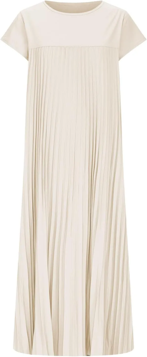 HGps8w Summer Dresses for Women 2025 Elegant Pleated A-Line Swing Wedding Guests Dress Loose Cap Sleeve Solid Midi Skirt