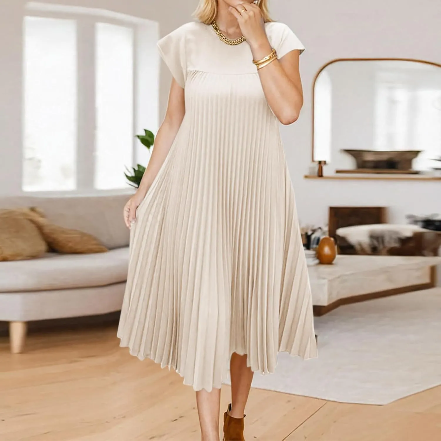 HGps8w Summer Dresses for Women 2025 Elegant Pleated A-Line Swing Wedding Guests Dress Loose Cap Sleeve Solid Midi Skirt