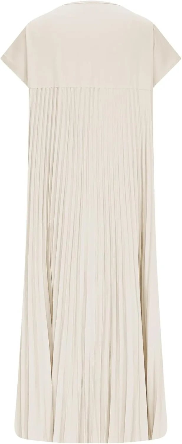 HGps8w Summer Dresses for Women 2025 Elegant Pleated A-Line Swing Wedding Guests Dress Loose Cap Sleeve Solid Midi Skirt