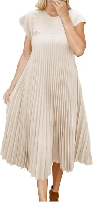 HGps8w Summer Dresses for Women 2025 Elegant Pleated A-Line Swing Wedding Guests Dress Loose Cap Sleeve Solid Midi Skirt
