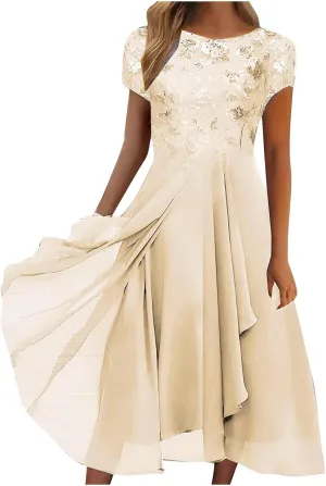 HGps8w Wedding Guests Dresses for Women Elegant Short Sleeve Lace Chiffon Flowy Dress Formal Evening Party Prom Gown