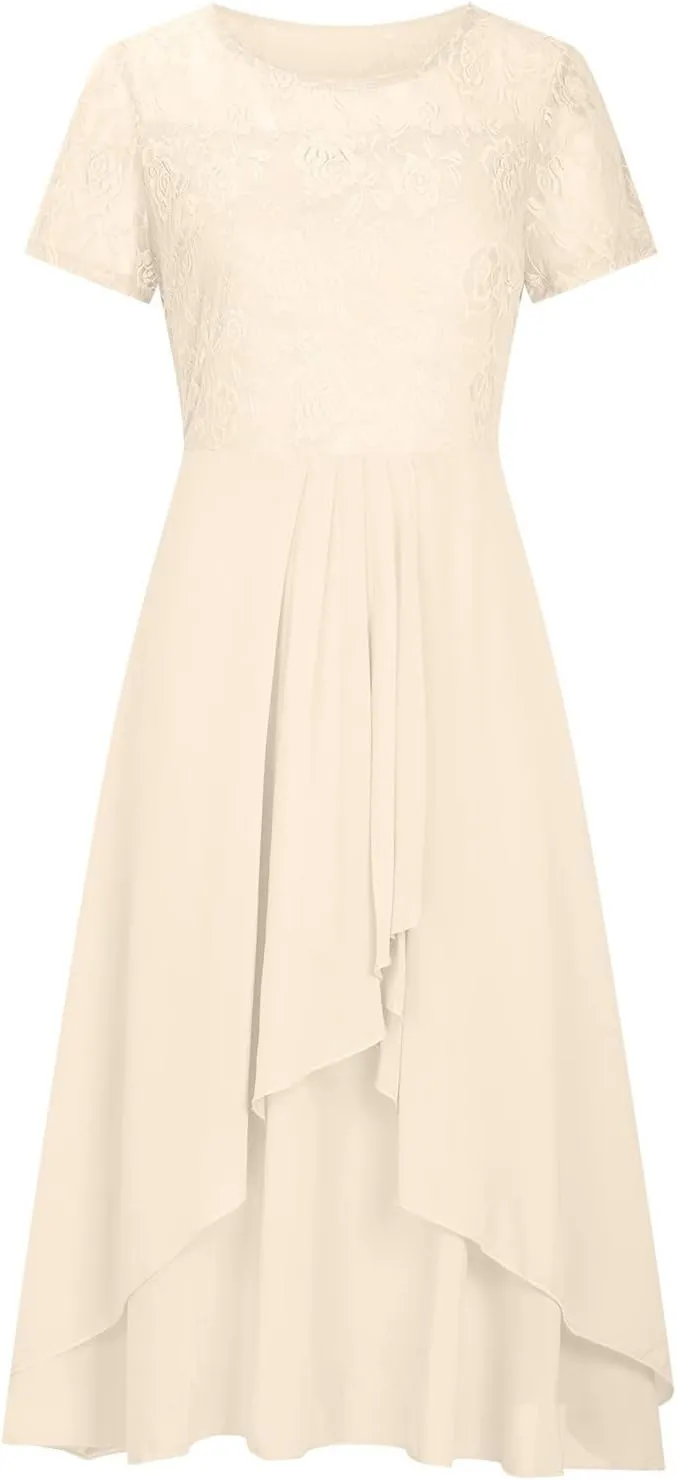 HGps8w Wedding Guests Dresses for Women Elegant Short Sleeve Lace Chiffon Flowy Dress Formal Evening Party Prom Gown
