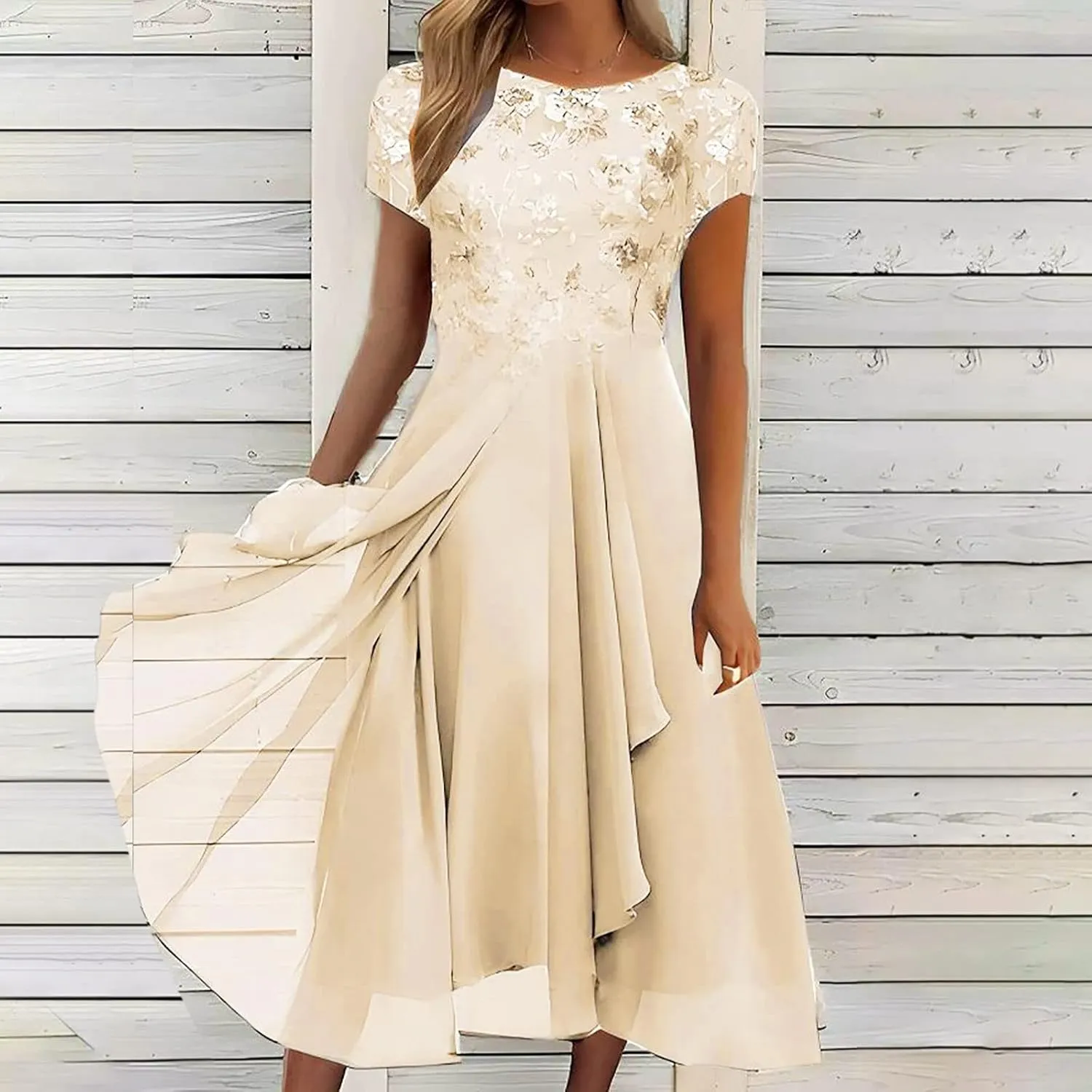 HGps8w Wedding Guests Dresses for Women Elegant Short Sleeve Lace Chiffon Flowy Dress Formal Evening Party Prom Gown