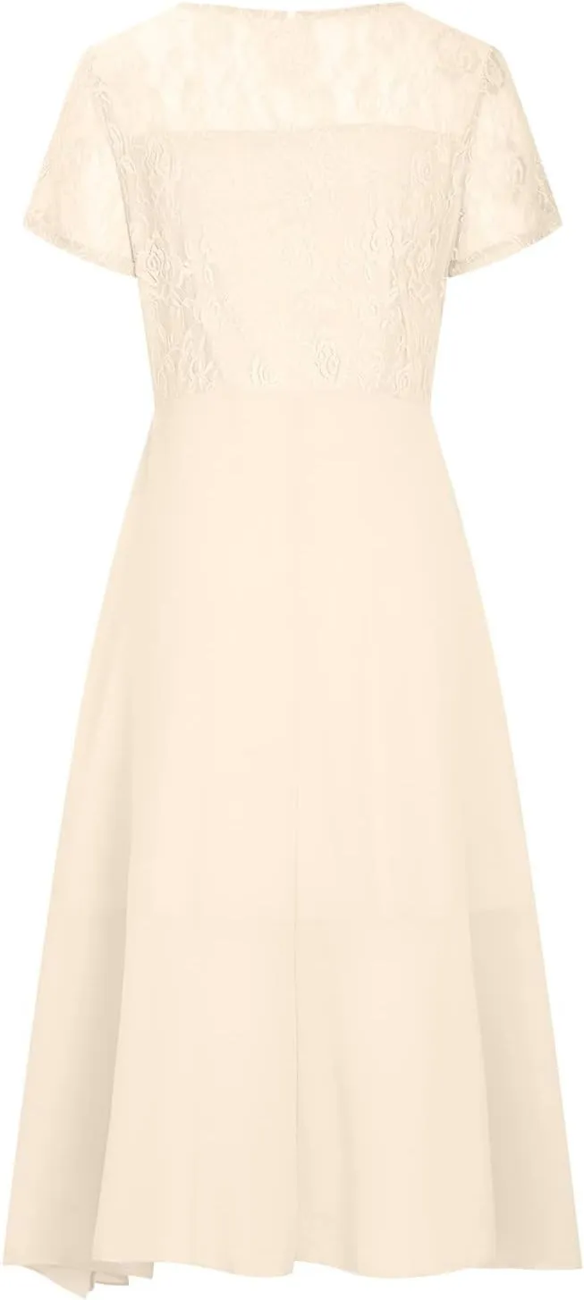 HGps8w Wedding Guests Dresses for Women Elegant Short Sleeve Lace Chiffon Flowy Dress Formal Evening Party Prom Gown
