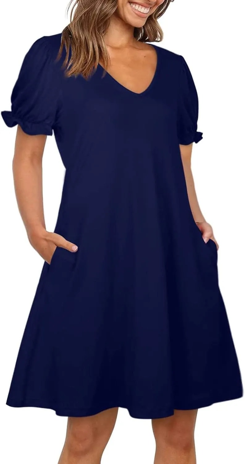 HGps8w Women's 2025 Casual Summer Dresses Cute Ruffle Hem V Neck Short Sleeve Solid Color A-Line Beach Sundress with Pockets