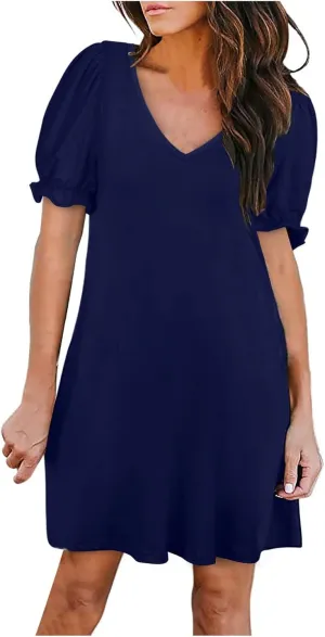 HGps8w Women's 2025 Casual Summer Dresses Cute Ruffle Hem V Neck Short Sleeve Solid Color A-Line Beach Sundress with Pockets