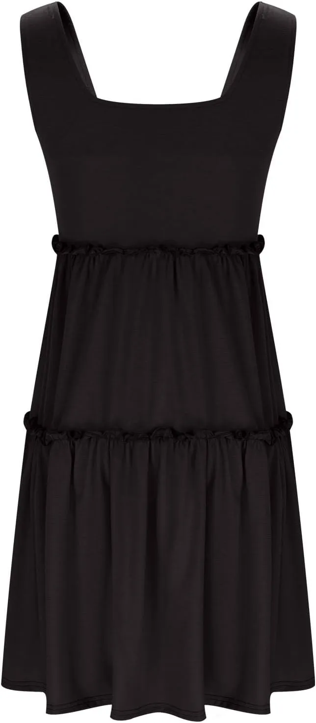HGps8w Womens 2025 Summer Square Neck Tank Dresses, A-Line Casual Sleeveless Ruffle Tiered Loose Swing Mini Dress